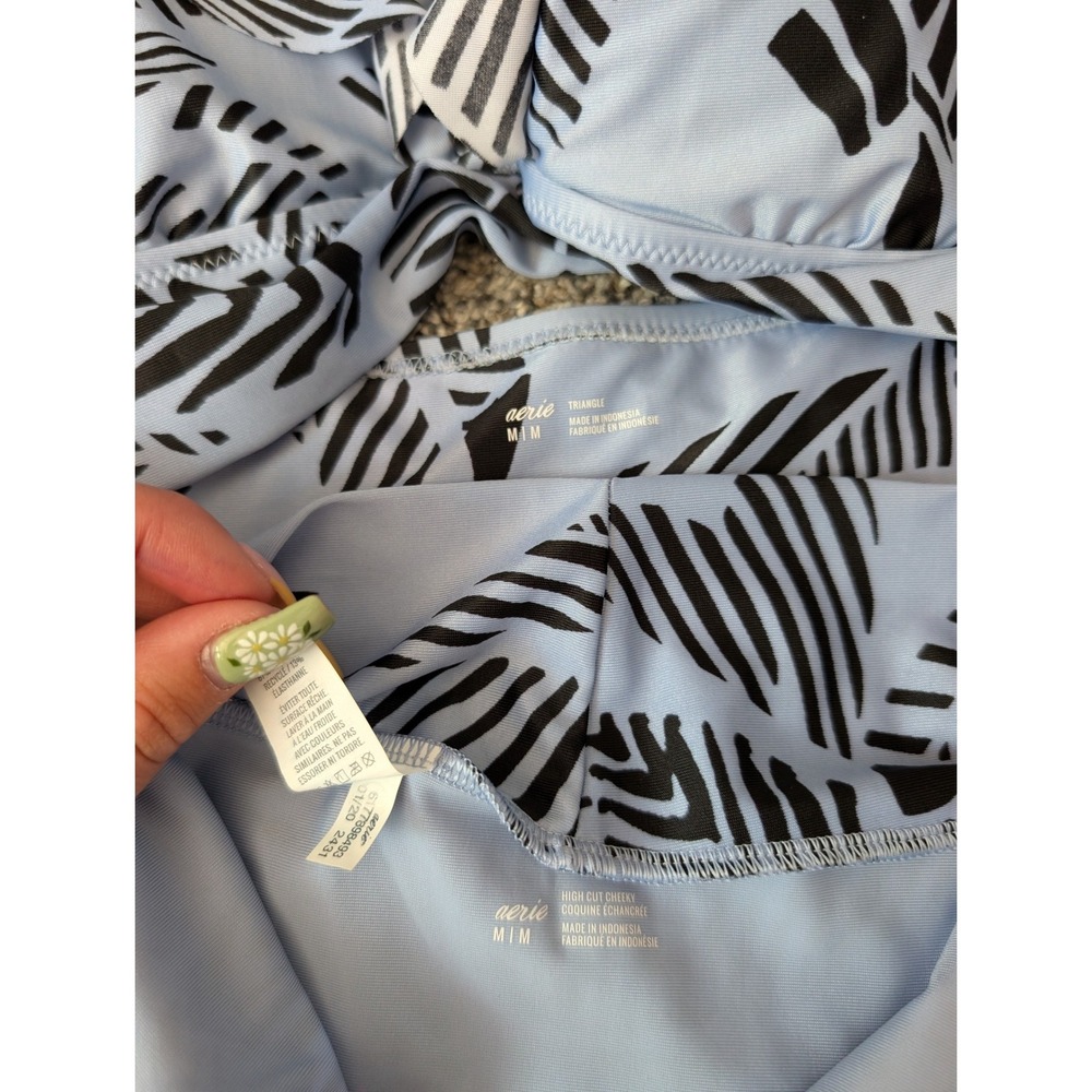 Aerie Light Blue Black Tropical Palm Ruffle Triangle Bikini Set Medium High Cut - Picture 2 of 4